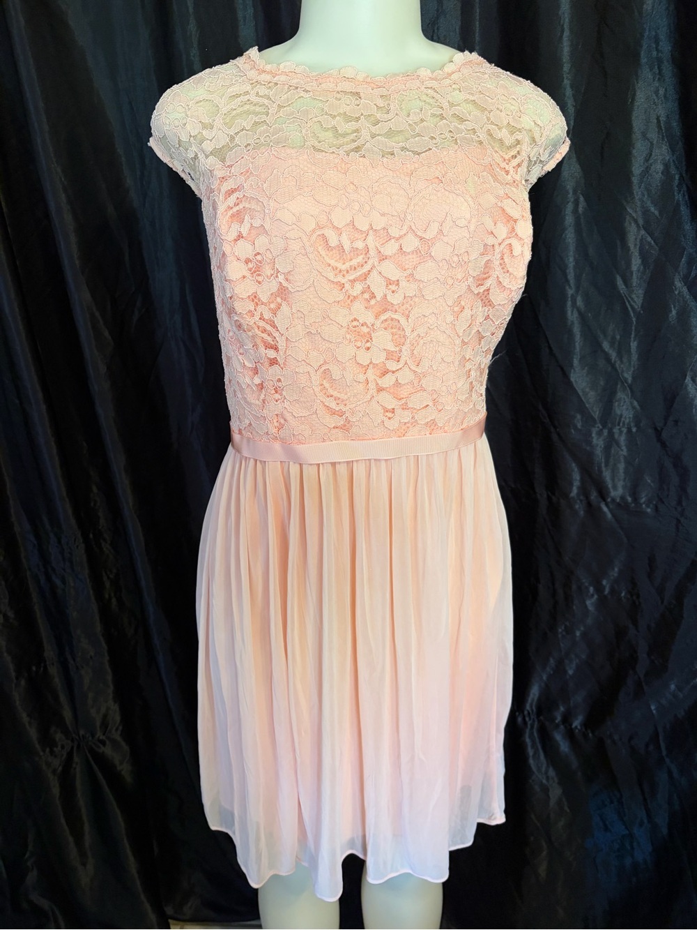 David's Bridal Blush Lace Cap Sleeve Chiffon Dress